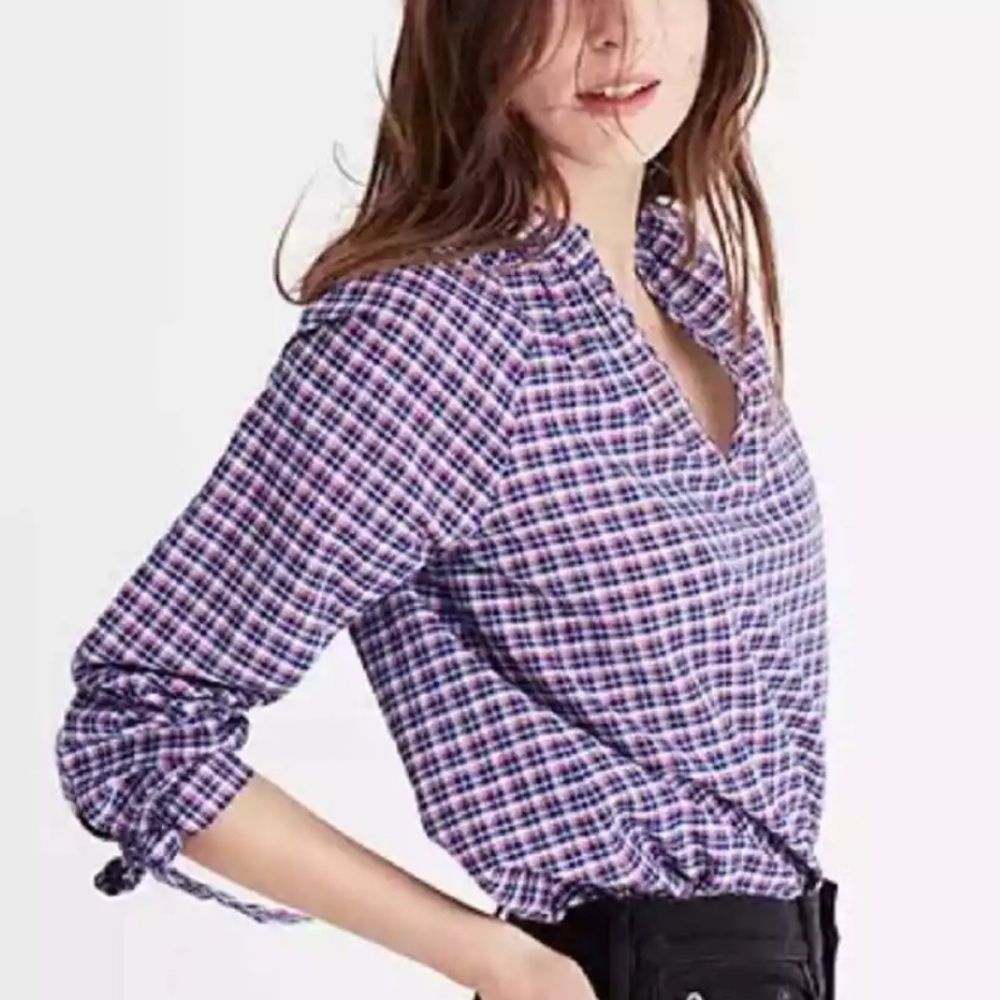 Madewell 79 cotton 21 linen L popover plaid blouse red blue white tie sleeves - Picture 2 of 8